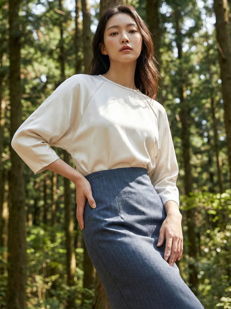 AI-generated on-model photo of the same two-tone dress